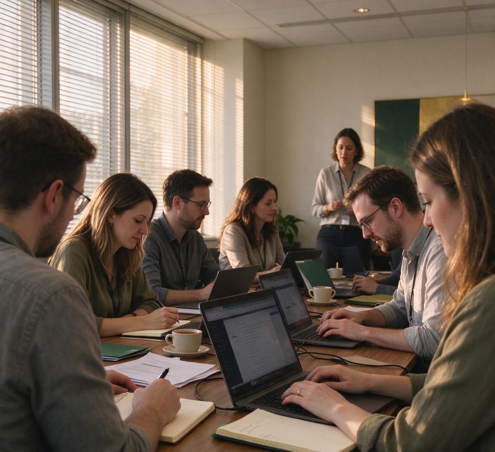 A small group building a workflow together on laptops
